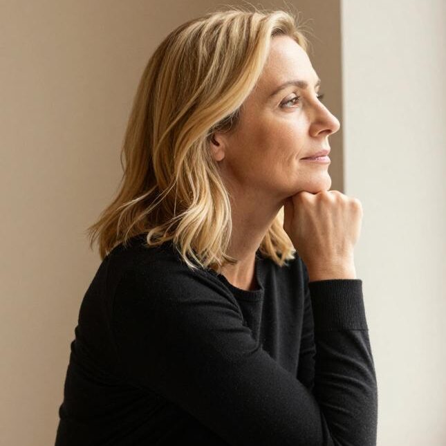 Femme blonde mature réfléchissant à la clarification de sa vie face à une fenêtre