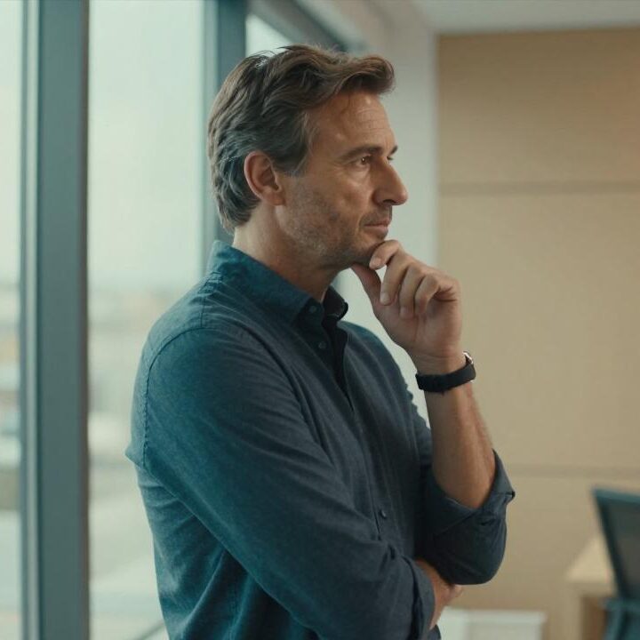 Homme mature CSP+en pleine réflexion face au vide intérieur malgré succès