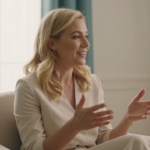 Blonde quarantenaire assise en entretien, regard vers la droite — Clarifier avant de changer de vie